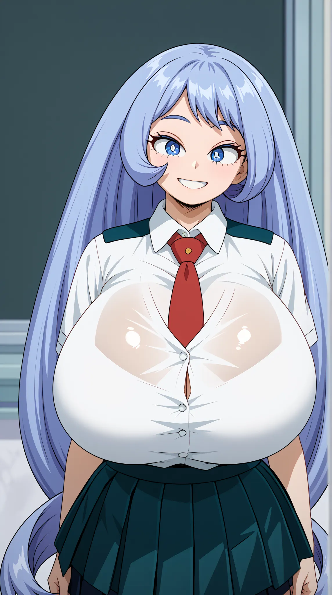 (UHD, retina, masterpiece, accurate, anatomically correct, super detail, high details,   highres, 1080P, 16k、high detail RAW color art:1.3)、 (nejire hadou:1.3)、(blue eyes, blue hair, long hair:1.3)、(very gigantic breasts:1.5)、(shiny skin:1.3)、(necktie, ple...