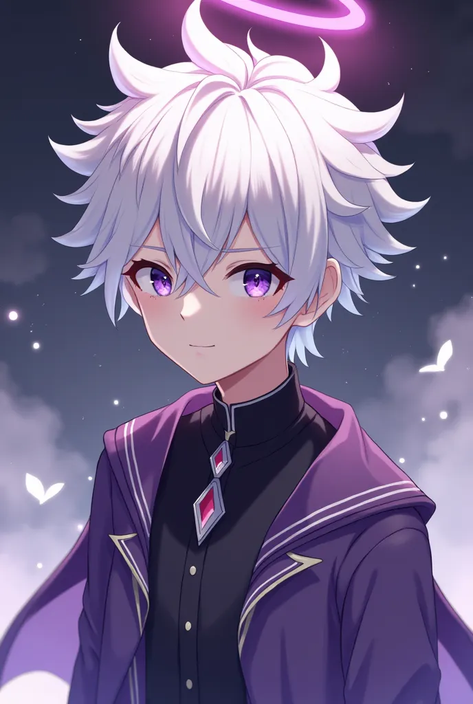 Create an image of my character, He will have a more anime style. My character has white and purple hair spiked, a lock of that hair will be over his forehead highlighting the look and he has heterochromia, he's calm and shy and he's not to laugh a lot, Hi...