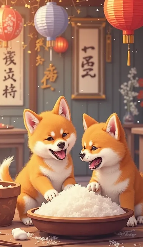 Japanese New Year's decorations ,
 Shiba Inu puppies hitting mochi with a pestle in the background, photos、Genuine、 high image quality