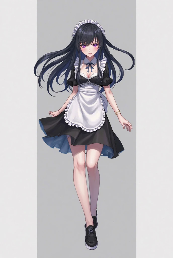 One woman, dynamic ,whole body, concept art,Character design, black hair , sharp eyes ,  maid uniform, purple eyes, Stylish, simple grey background , details ,  Cool look , long collected hair,  with narrow eyes  ,Emphasized body lines