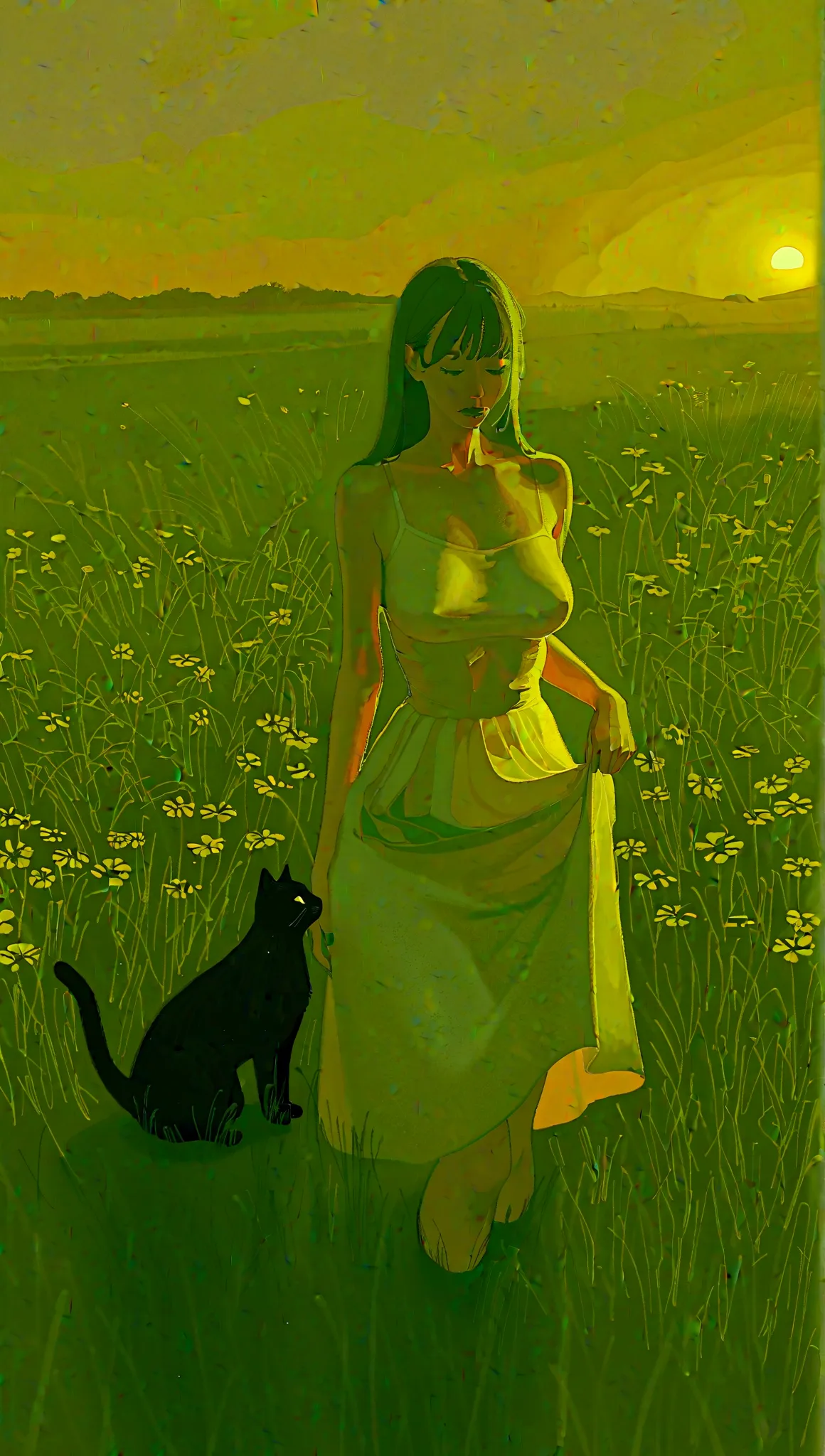 summer dress, pretty face, big boobs, narrow waist, Covered chest,  severed, reveals one side of the chest,  skirt lift,  cat, Handmade , circumstances, 가슴에 circumstances,  detailed background , Exterior , grassland, sunset, flower