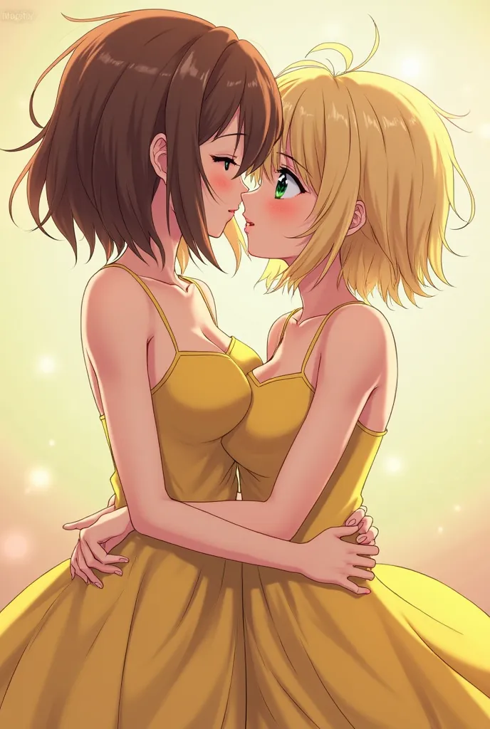 anime american female brown and short hair cover, wearing a yellow dress with big breasts, blonde haired woman green eyes hugging female waist, male main hair black eyes red eyes kissing female beauty lips, The male characters are huge.