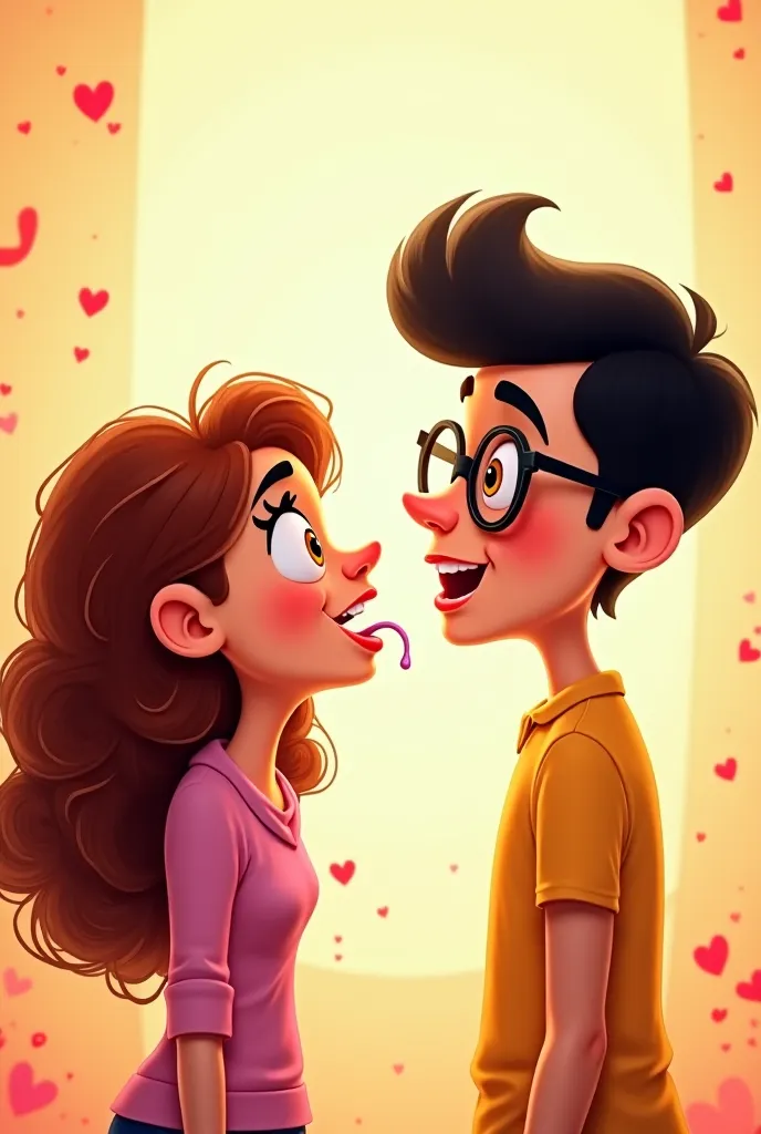 Cartoon-style image that represents a fun and sweet scene. The girl , with her long curly hair and heart-shaped eyes, she looks at the boy with a playful and hungry expression, as if he saw it as a 'steak'. He also has a bit of drool coming from his mouth,...