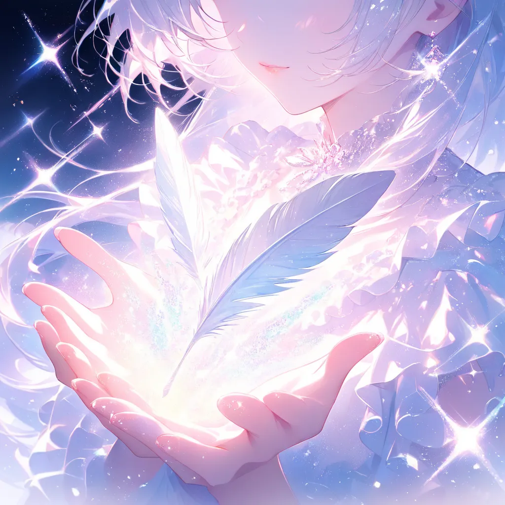 (masterpiece , top quality ,  exquisite,8k, absurd),( pastel ),Hand only illustration, hands on frame frills,Shiny hands,1 feather on top of hand,Mysterious,white pigeon feather,Shining white,White glow,glitter effect, is dazzling