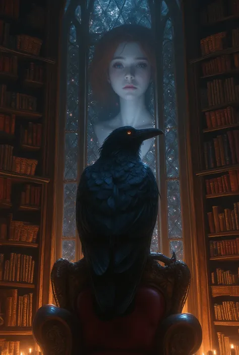 A large raven sits on the back of an ornate wooden chair in a huge, dimly lit library. The space is surrounded by tall bookshelves filled with ancient folios and mystical artifacts, the shadows of which stretch in the warm candlelight. Behind the raven in ...