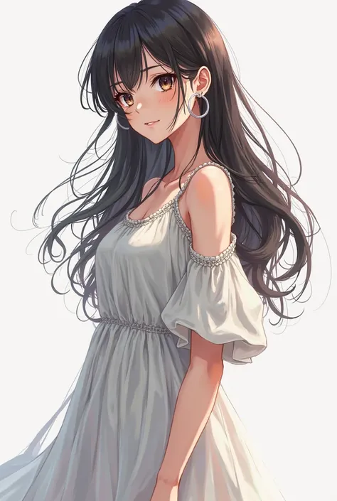 Drawn in Japanese anime style. The long-haired ISTP girl wears a casual loose dress with silver hoop earrings. The style is cool and handsome, but with a subtle purity. 