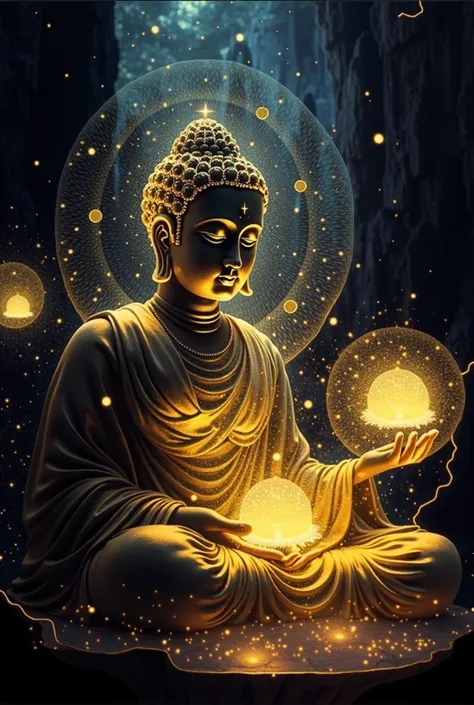 buddha with glowing lights and a glowing orb, buddhism, enlightenment. intricate, glowing from within, spiritual enlightenment, the buddha, on path to enlightenment, on the path to enlightenment, cosmic enlightenment, enlightened, beautiful depiction, eman...