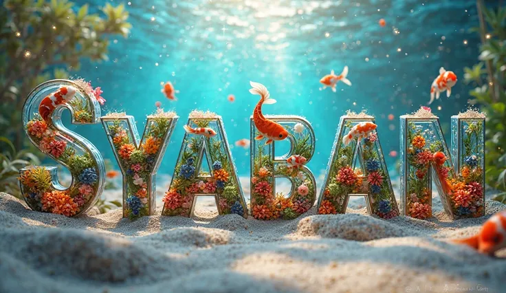 A 3D visual masterpiece of the name syaban in the word koi fish is created creatively. Each letter of the name is transformed into a mini aquarium filled with sparkling and diverse colorful fish, swimming among the beautiful coral reefs. The sandy seabed c...