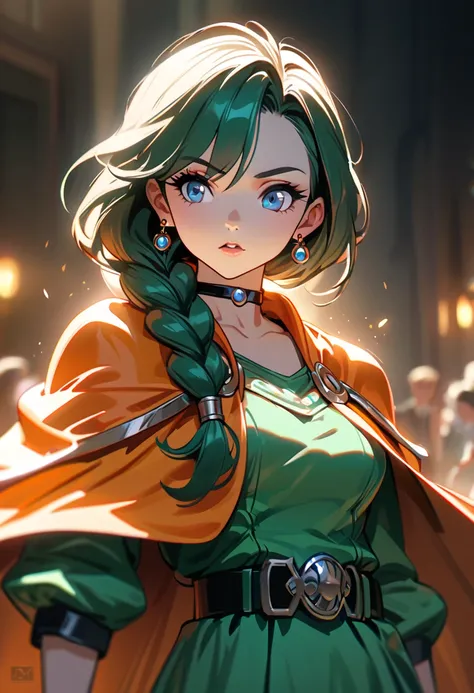 dqBianca, cute anime girl, single braid, hair over shoulder, earrings, choker, orange cape, green dress, belt, high quality, ultra detailed, sharp focus, cinematic lighting