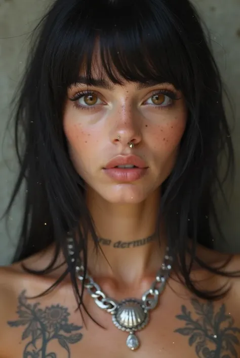  with black hair with bangs, tattoo of "karma" above the chest, brown eyes and silver necklace with a very delicate shell, piercing on Nostril ( right side), piercing no septo (Closed with some sparkles) and microdermal under the eye 