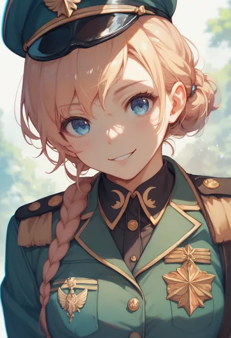 high quality、best image quality、cute woman with blond hair and blue eyes、Yasuhiko Yoshikazu's painting style、Woman cosplaying in Char's mask and military uniform、