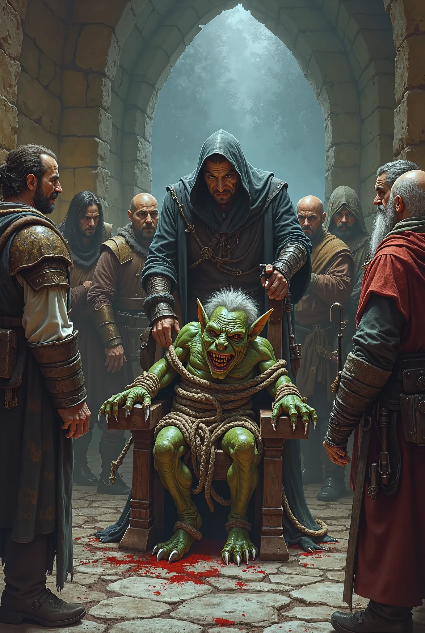 A goblin tied to a chair with ropes being tortured by a sorcerer, 2 rogues, 3 warriors and 1 dwarf cleric