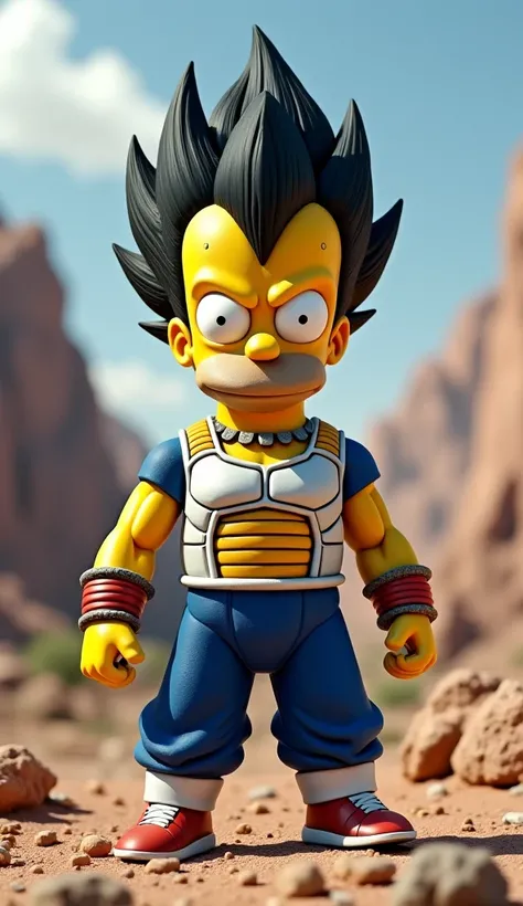 "A breathtaking and highly detailed 4K depiction of a perfect fusion between Homer Simpson and Vegeta, combining their most iconic traits into a single, seamless hybrid character. This fusion retains Homer’s round head shape but with Vegeta’s defined facia...