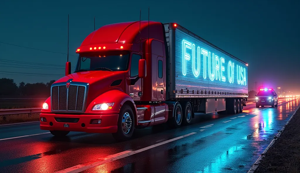 “Glossy red 2025 Scania R100 V8 in simple cabin (don't give long nose cabin) in a American highway, holographic ‘FUTURE OF TRUCKING’ text, U.S. police car with a police man stopping the truck flashing lights outside, ‘BANNED IN USA’ stamp, 8K ultra-realist...