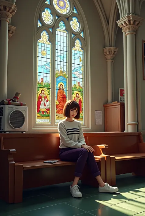 A photorealistic interior scene of a Gothic-style cathedral, featuring a woman sitting casually on a polished dark wooden pew. She has short, straight brown hair and is dressed in a white sweater with black horizontal stripes, dark purple pants, and white ...