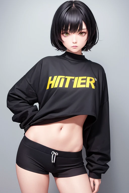  High Resolution,  boyish,   1 girl,  black hair, Sporty shortcuts,   asymmetrical hairstyle  ,  Asymmetrical bangs,   yellow eyes,  There are three circles in the middle of the eye,  Skater Style Street Fashion, slightly oversized bottoms, standing, futan...