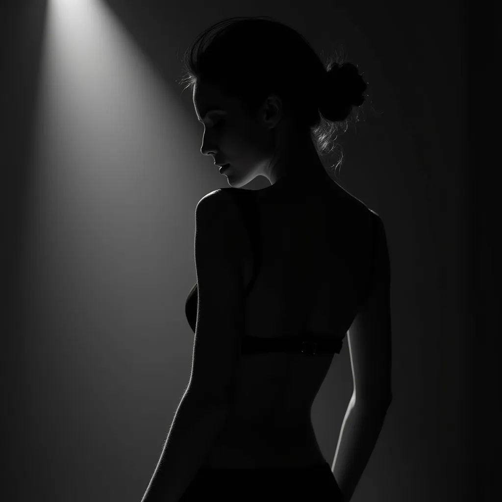 
Fine art portrait photography with artistic silhouettes. Classical studio lighting with dramatic shadows emphasizing form and contour. Inspired by fine art photography masters like Helmut Newton or Peter Lindbergh. Elegant composition with focus on lines ...