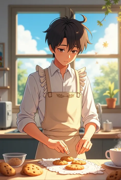 A male student is baking cookies in an apron. It has a warm and romantic atmosphere. The delicate lines, expressive eyes, and pastel colors are characteristic of the classic shojo manga style. In the background, a kitchen with sunlight streaming in creates...