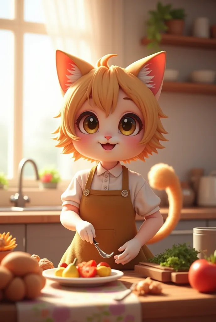 

"A cute catgirl with fluffy ears and a tail, wearing an elegant apron, is cooking in a cozy kitchen. Her large, expressive eyes shine with joy, and a gentle smile graces her face. The air is filled with the aroma of freshly prepared dishes, and neatly ar...