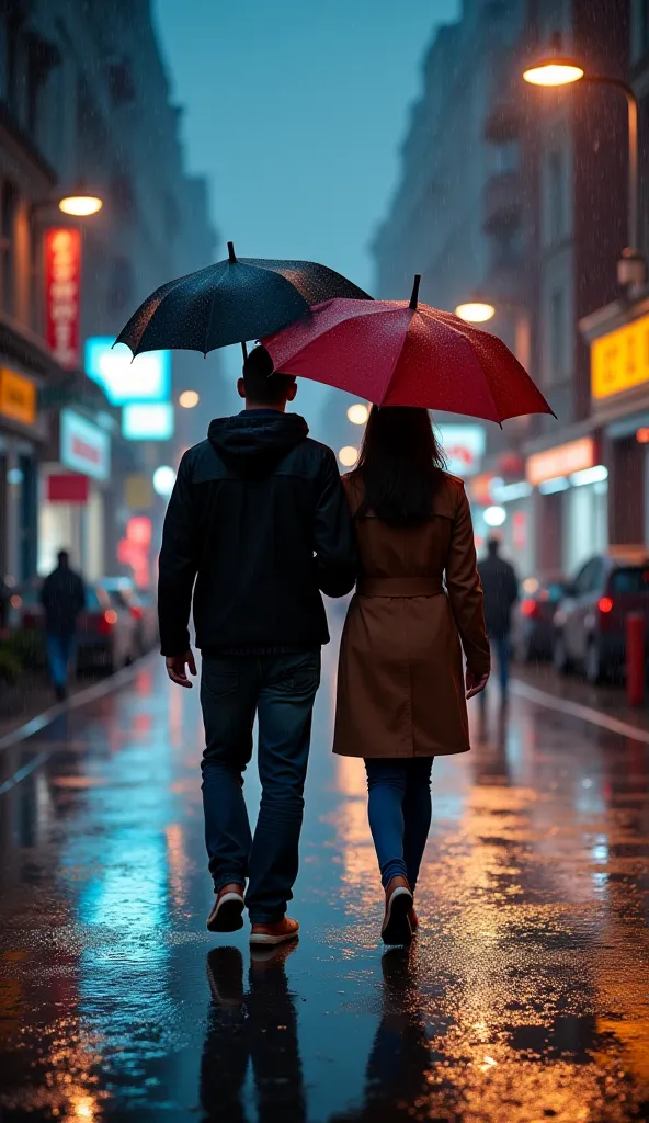 "A young man and woman walking together under a single umbrella in the rain. They are not looking at each other, but there's a silent connection between them. The wet street reflects the dim city lights, making the moment feel magical."
