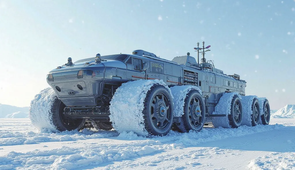 "Visualize the Antarctic Snow Cruiser as a 20-story colossal vehicle, designed to conquer extreme icy environments. The cruiser’s gigantic wheels are towering over the snow-covered ground, and it is moving gracefully through the harsh Antarctic landscape. ...