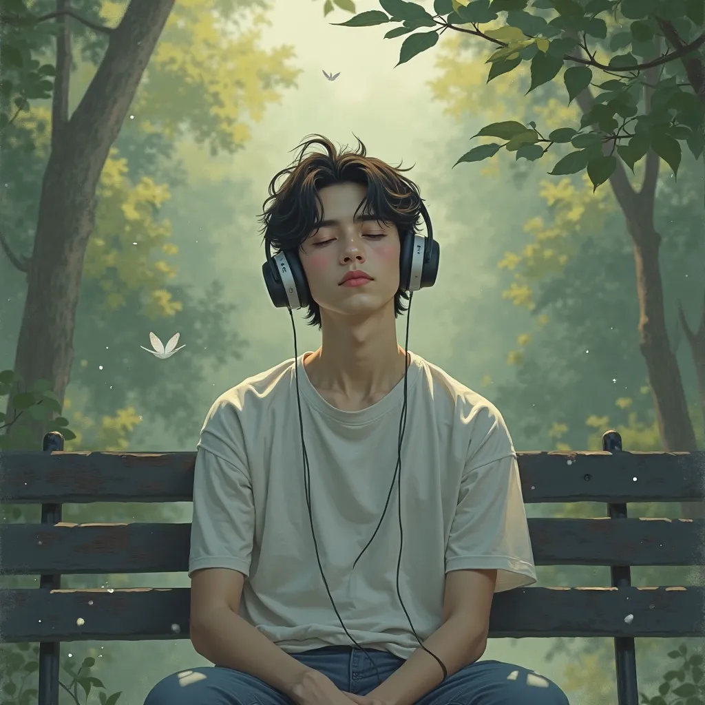 Create a picture for my music channel which I am to set on profile this should be ai image for boy wearing headphones in a relax mode listening music sitting on a bench without clothes 