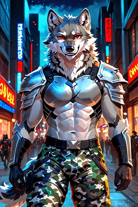 furry male,a fantastic face of a gray wolf, with a predatory smile and a gambling look and red eyes, a scar on the left eye, in camouflage pants in light armor, Anthropomorphic Character,male 165 cm tall,night city