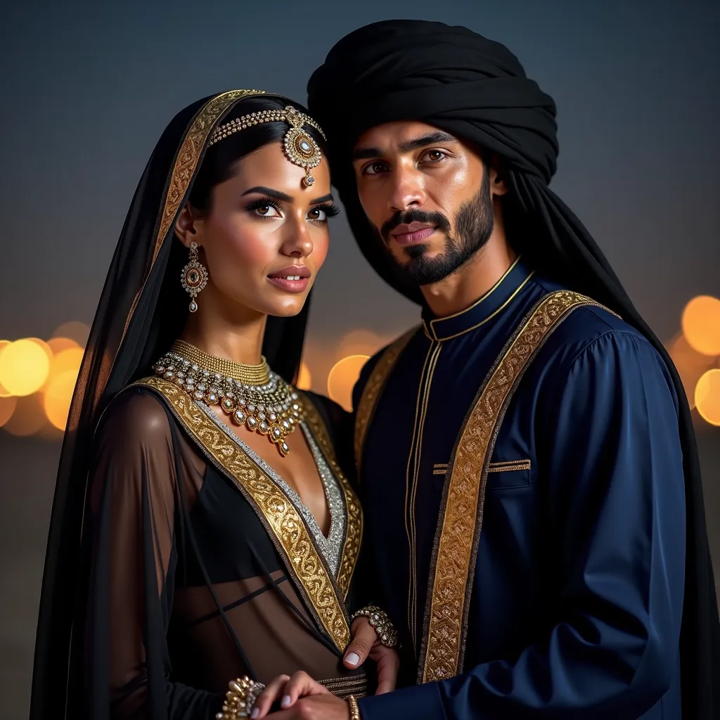 FULL HD , 8k, ultra realistic, ELEGANT YOUNG ARAB COUPLE, MAN WEARING ARABIC CLOTHES, BLACK TURBAN AND CLOTHES IN SHADES OF NAVY BLUE WITH GOLD DETAILS AND WOMAN WEARING GOLD ARAB DRESS AND WHITE DETAILS WITH LOTS OF JEWELRY, IN ARABIC ENVIRONMENT NIGHT SK...