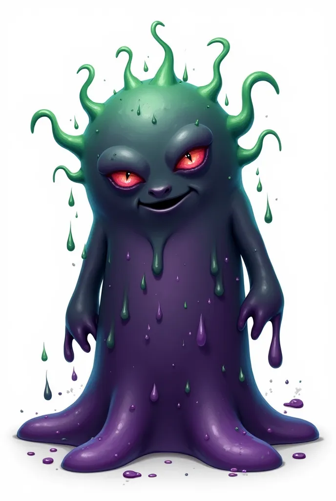 Create a description for the following pattern. A monster with gelatinous slime like black, purple and dark green lava with medium eyes in which you can see a small point of light with an empty background.  on white background. realistic 