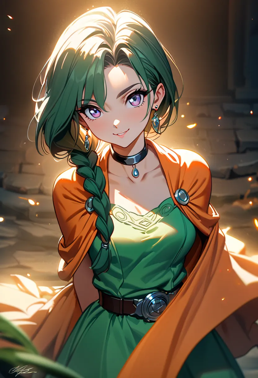 dqBianca, cute anime girl, looking at the viewer with a gentle smile, single braid, hair over shoulder, earrings, choker, orange cape, green dress, belt, high quality, ultra detailed, sharp focus, cinematic lighting