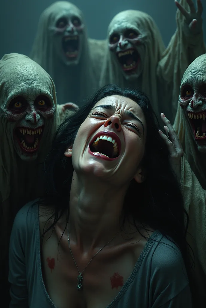 A woman crying in anger, With a hateful look and obsessed spirits smiling behind, dark place or night