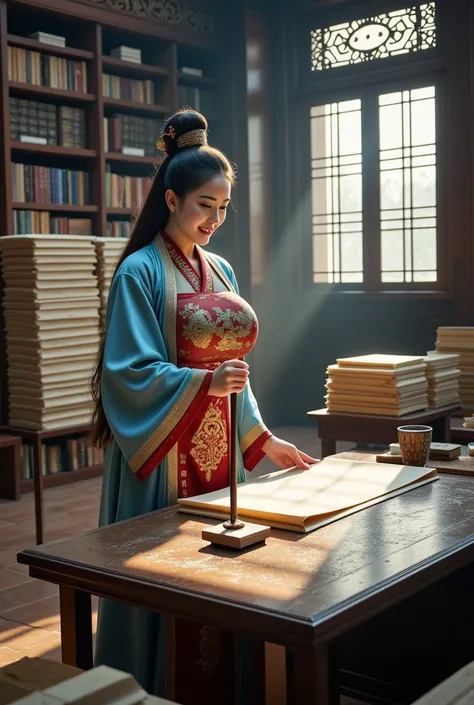 **Prompt:** (Create a hyper-realistic ultra-wide illustration of photorealistic that encapsulates a prehistoric Chinese female publisher deeply engaged in her craft, she is holding a large size of chinese square shape stamp tool in preparing to stamping a ...