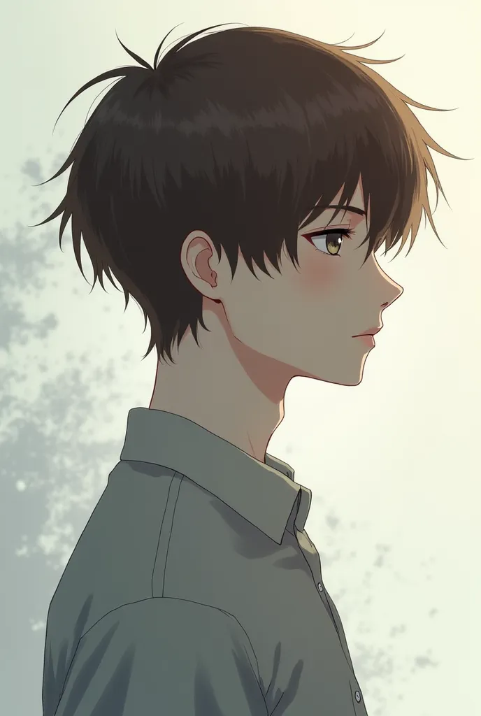 An   with an empty expression and a face that seems emotionless. He has brown hair and gray eyes and very fair skin. (anime style )