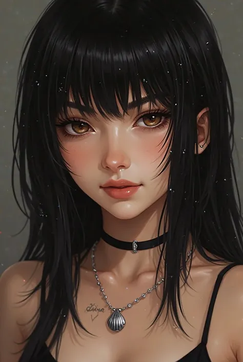  with black hair with bangs, tattoo of "karma" above the chest, brown eyes and silver necklace with a very delicate shell, piercing no nostril ( right side), piercing no septo (Closed with some sparkles) The microdermal (Below the eye )  The hair is straig...