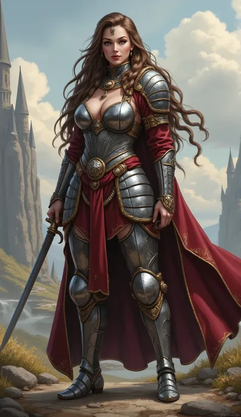 hyper realistic  , fantasy human female with braided hair in knight armour ian mccaig style , full body , nice body, huge breasts.