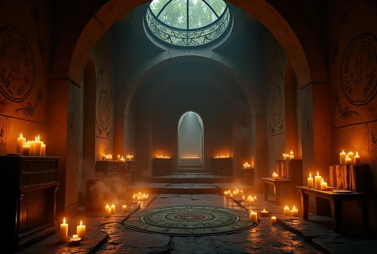 The room of witch inside the house, dark with candles more realistic from the front perspective without people 