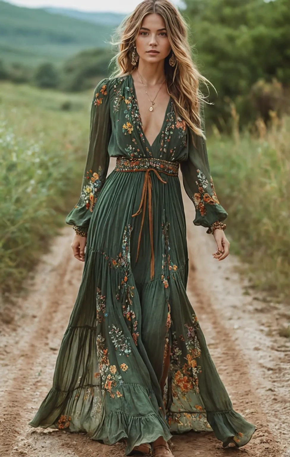 a woman in a green dress walking down a dirt road, bohemian fashion, bohemian style, boho style, boho chic, lovely bohemian princess, wearing a flowing dress, wearing a long flowery dress, flowing dress, boho - chic