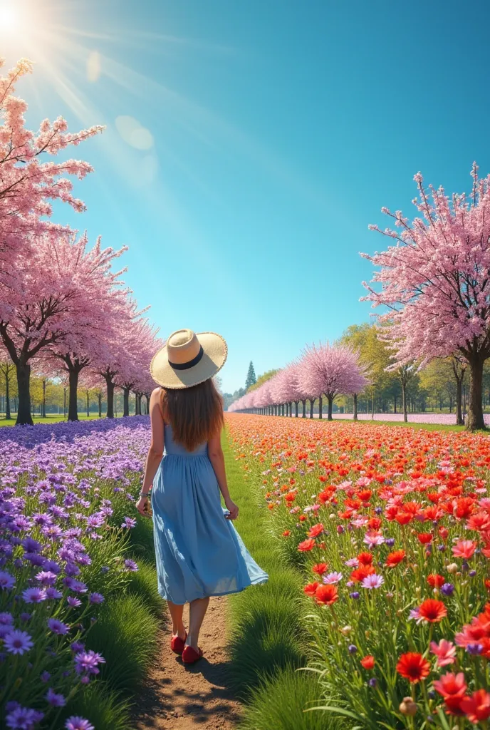 A breathtaking European spring landscape with a vast field of colorful flowers and blooming trees in shades of purple, pink, green, and red. A female tourist stands in the middle of the field, deeply admiring the scent of the blossoms with a serene express...