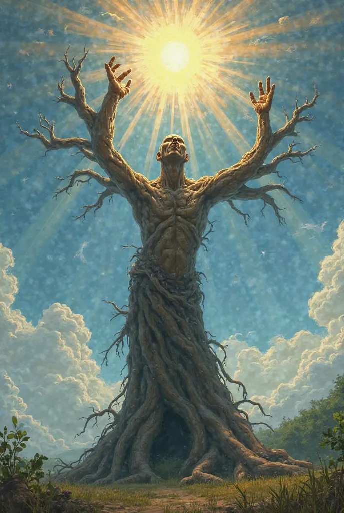 A tree with hands like branch reaching the sun