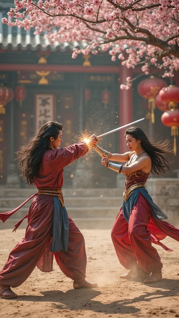 Wonder woman, engages in an intense kung fu battle with a beautiful Chinese martial artist. The Chinese fighter, wearing a traditional yet stylish qipao-inspired battle outfit, moves with incredible speed and agility. The fight takes place in an ancient te...