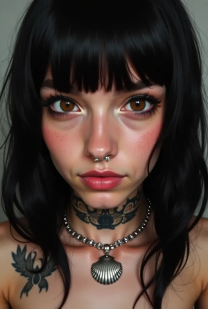  with black hair with bangs, tattoo of "karma" above the chest, brown eyes and silver necklace with a very delicate shell, piercing no nostril ( right side), piercing no septo (Closed with some sparkles) The microdermal (Below the eye )  The hair is straig...