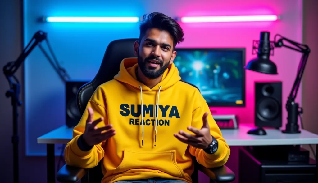 An Indian Woman sitting confidently on a
modern gaming chair in his YouTube studio. He is wearing a bright yellow hoodie with SUMIYA REACTION boldly printed on it. His face is clearly visible and expressive despite . The man is gesturing with his hands, as...