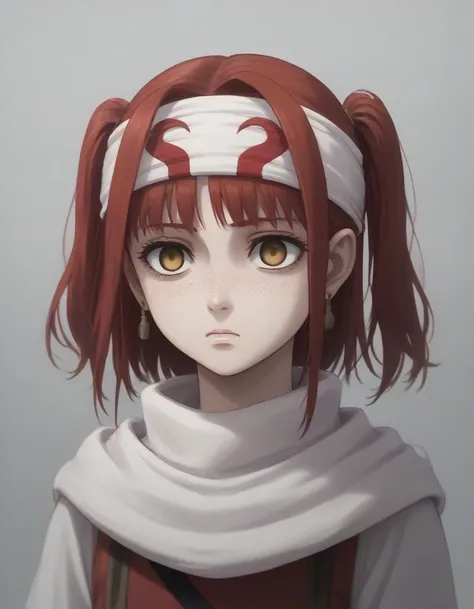 cowboy shot score_9,score_8_up,score_7_up,score_6_up,score_5_up,score_4_up,anime coloring BREAK source_anime,anime, ,,looking at viewer standing stare headband cowl  , ((((empty eyes))))  nena,1girl,solo,yellow eyes,red hair,two side up,(freckles),earrings...