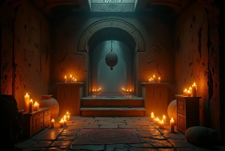 The room of witch inside the house, dark with candles more realistic from the front perspective without people 