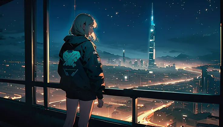 ((masterpiece, Highest quality)), very aesthetic, one girl, full body, jacket,  Retrofuture,  Night view of the city , emotional, detailed background, Overlooking