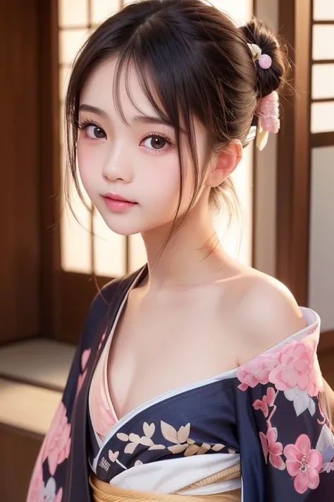 detailed realistic, solo Japanese girl , (very cute young face:1.8), (short height:1.5), (petite hip:1.3), (kimono:1.8), (partially undressed:1.3), detailed skin, (petite breasts:3.7), (flat chest:3.7), (slender chest:2.5), medium wave hair