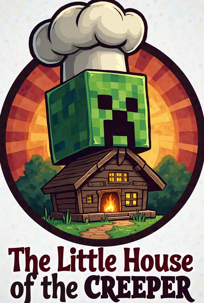 I need a circular logo that has a Minecraft creeper with a chef's hat, a traditional wooden Minecraft house with a fireplace and containing in. Combination the colors red, orange and yellow and at the bottom a text that says "The Little House of the Creepe...