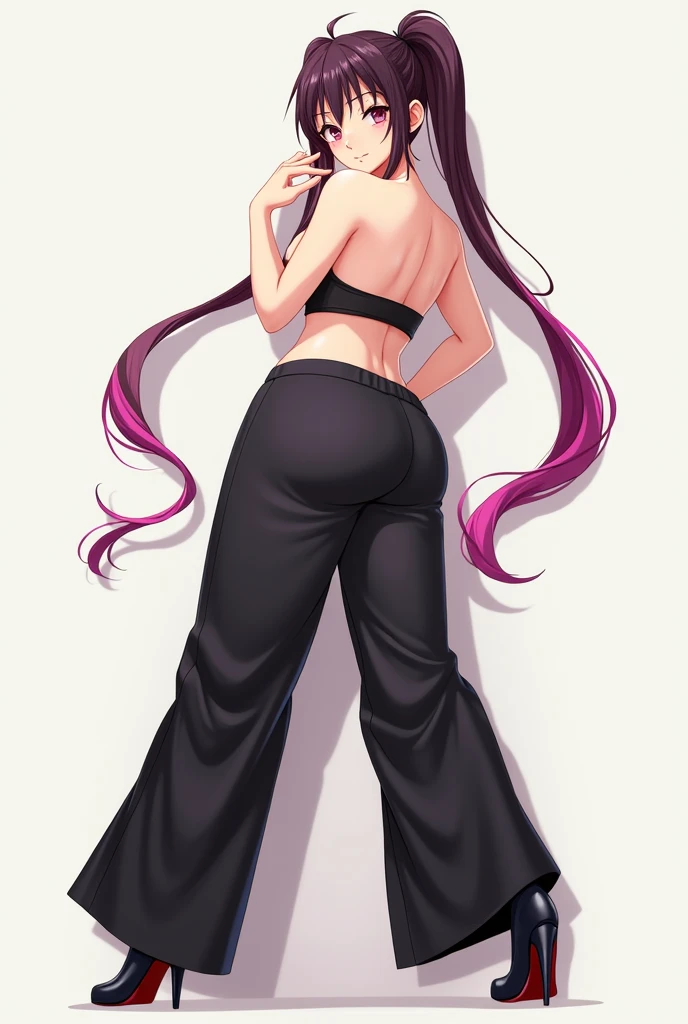 Sexy anime drawing , full body , one straight leg to the right and the other leg flexed to the right , boots heels in black , wide black pants , Crop top , hair with two tails and loose in two colors , looking forward subtle , the right arm reaching the mo...