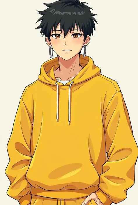 Drawing Japanese anime style. ISTP boy wears casual loose clothing, yellow tracksuit, medium silver hoop earrings, cool and handsome style.