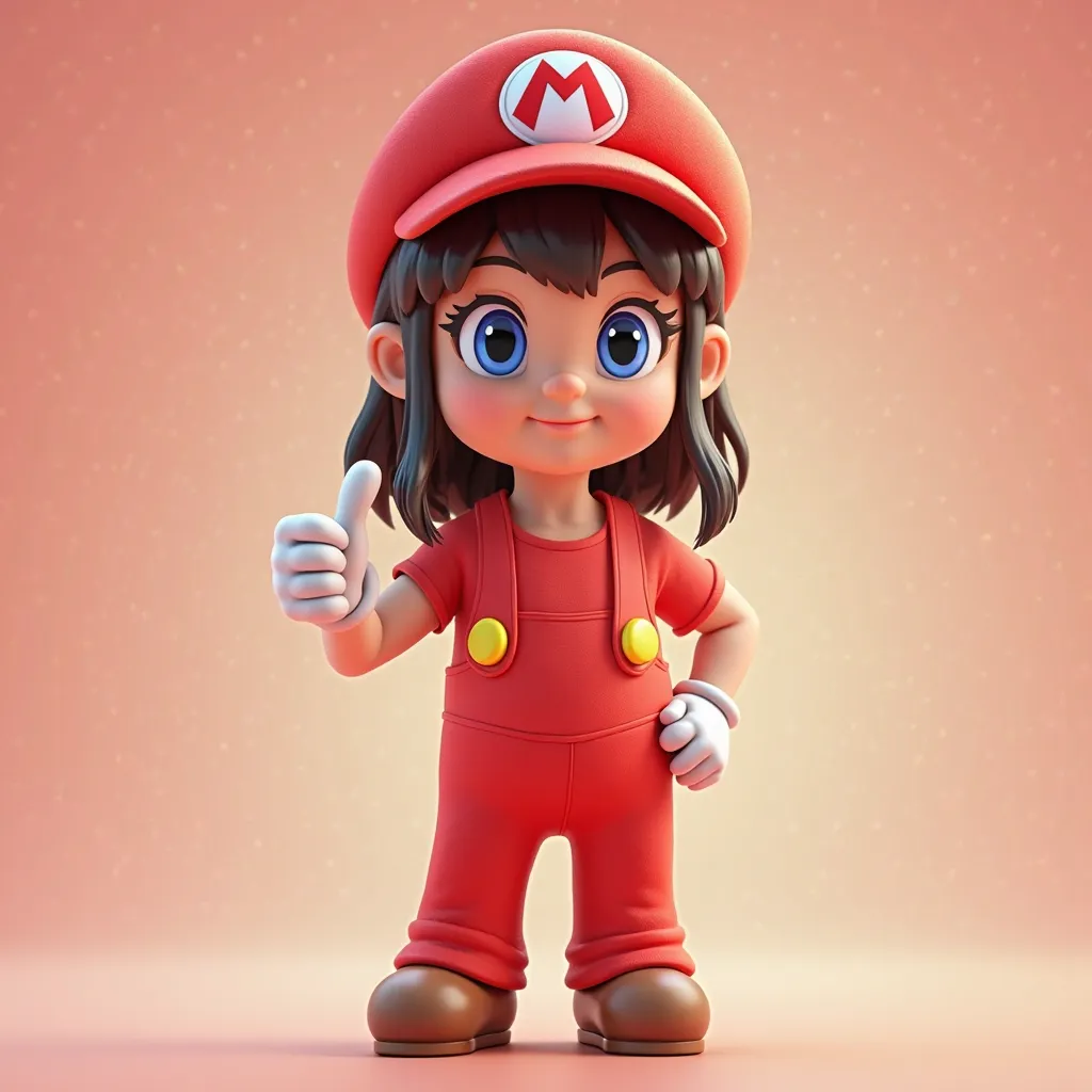 A Japanese girl in a Mario Bros costume in red, complete with signature Mario hat,  white gloves,  red t-shirt, dan overall biru. She stands full, visible from head to toe, in confident pose while giving thumbs up. High quality 3D animation style, with rea...